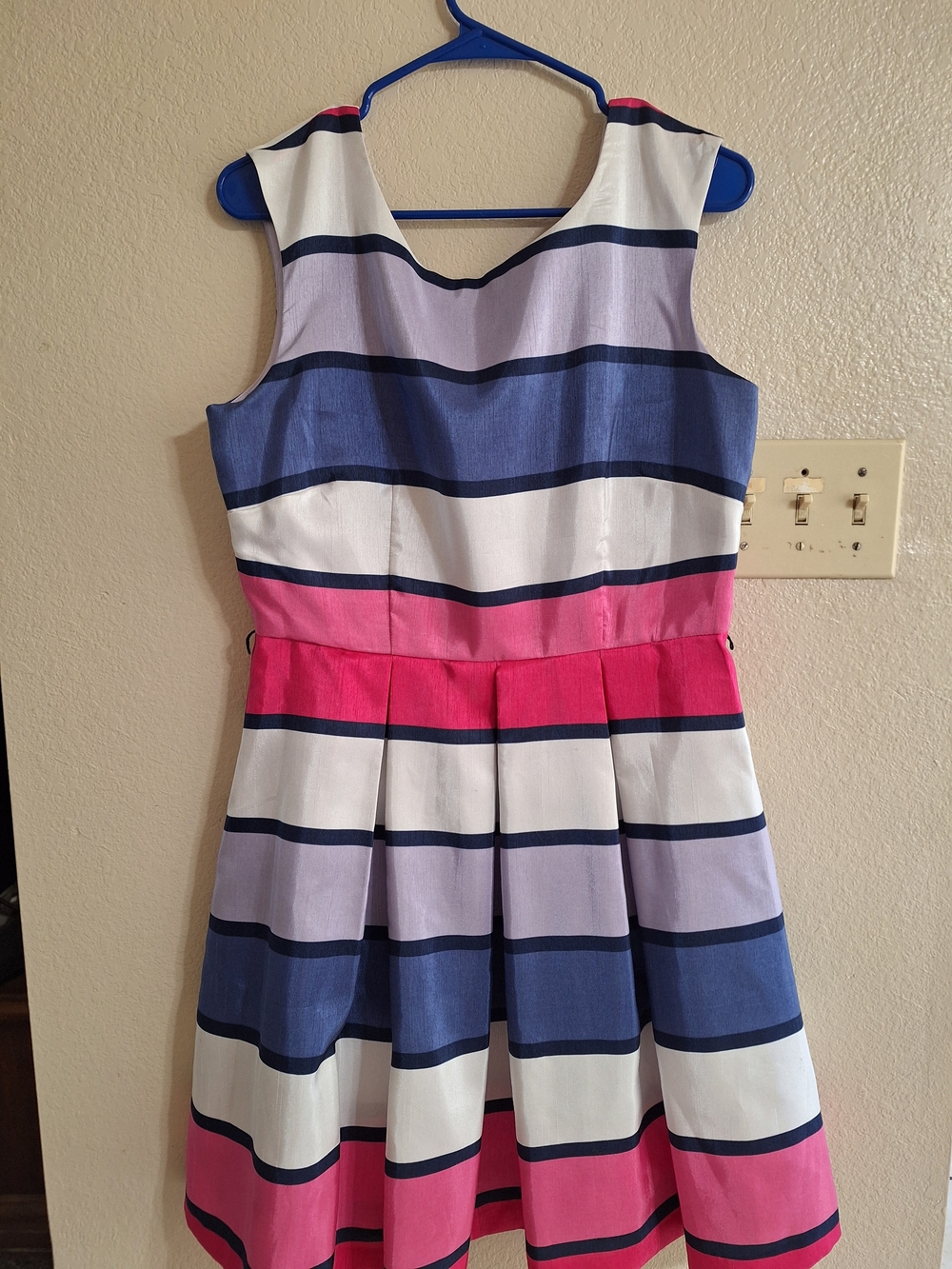 Striped Fit-and-Flare Casual Dress in Pink, Blue & White